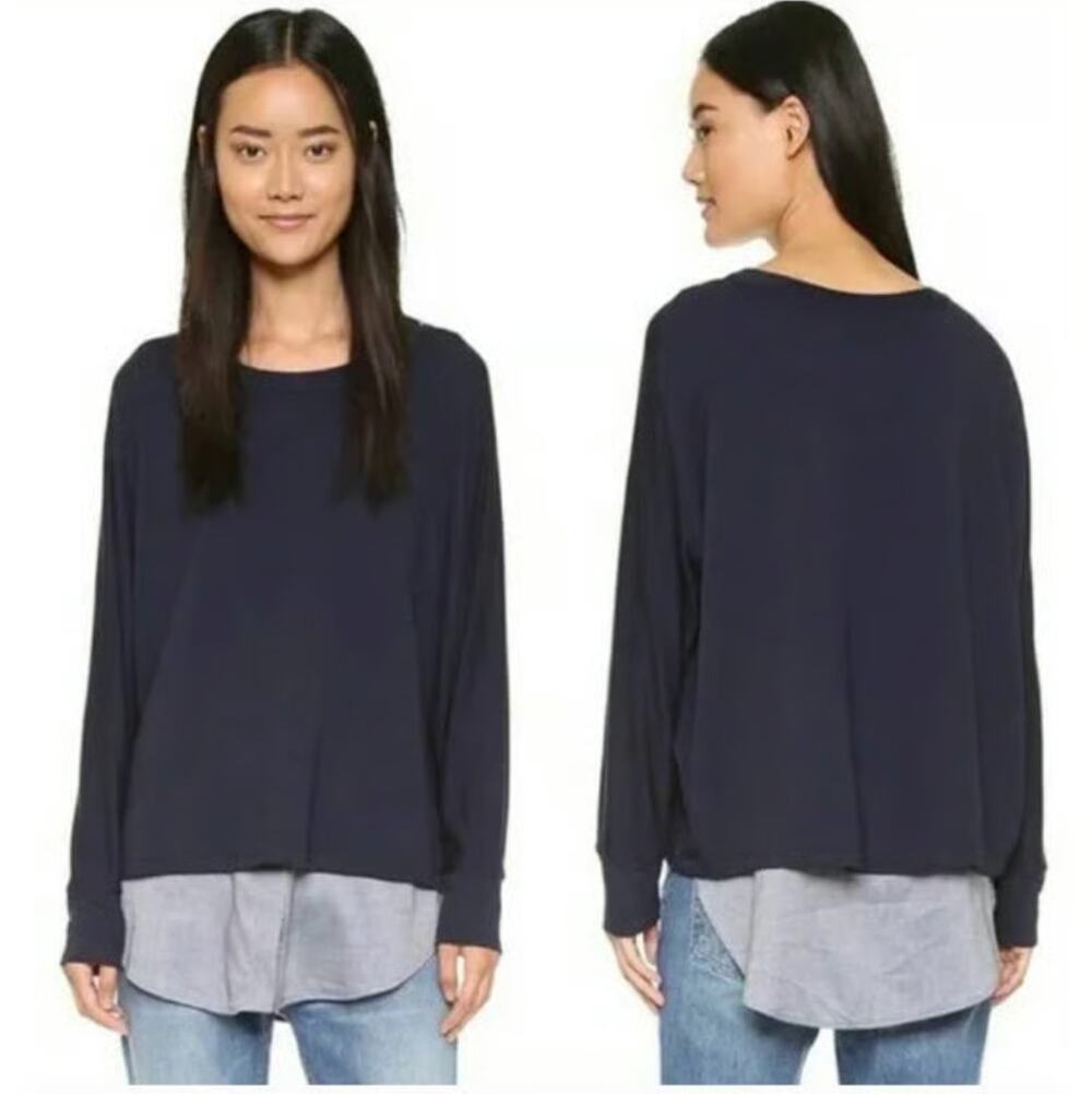 Vince Navy Mixed Media Knit Chambray Shirttail Sweater Top XS
